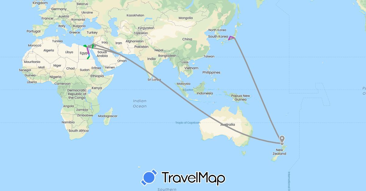 TravelMap itinerary: driving, bus, plane, train, boat in United Arab Emirates, Egypt, Jordan, Japan, New Zealand (Africa, Asia, Oceania)